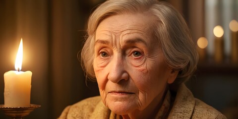 Cinematic close-up portrait of elderly woman illuminated by warm candlelight in dark cozy room