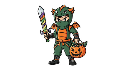 Halloween Ninja: A whimsical illustration showcases a young individual, costumed as a ninja warrior with a dragon-themed outfit.