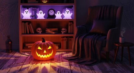 Halloween scene lit pumpkin ghosts armchair  cobwebs