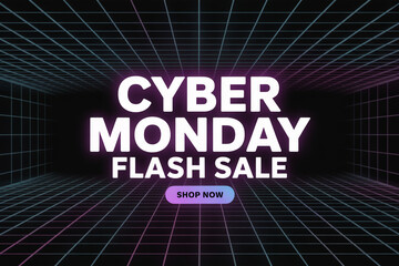 Experience massive savings with the stunning Cyber Monday Flash Sale, featuring glowing white text on a vibrant neon grid background, perfect for captivating digital advertising campaigns.