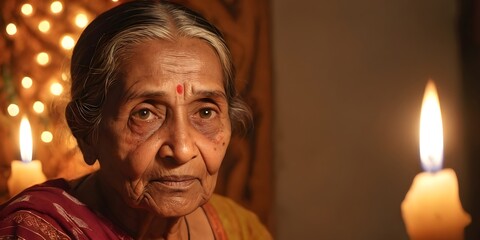 Cinematic close-up portrait of elderly indian woman illuminated by warm candlelight in dark cozy room