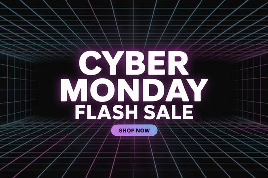 Experience massive savings with the stunning Cyber Monday Flash Sale, featuring glowing white text on a vibrant neon grid background, perfect for captivating digital advertising campaigns.