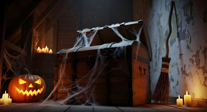Spooky Halloween Attic Scene with Jack-o'-lantern, Old Chest, and Witch's Broom