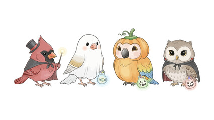 Spooky bird in Halloween style: four cute, colorful birds in festive Halloween costumes, offering an appealing scene of spooky fun.