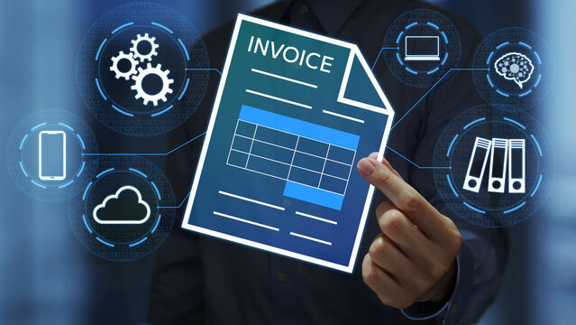 Digital invoice automation. Tax compliance and management platform. Businessperson holding an electronic invoice file icon.