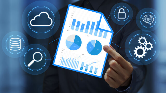 Digital report automation. AI-powered intelligent document processing IDP. Businessperson holding a report with charts.