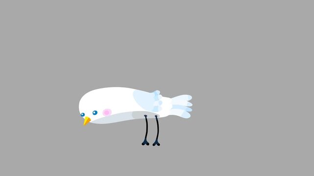 White bird cartoon pecking one time eating isolated. Seamless light animal loop behaviour animated character. 