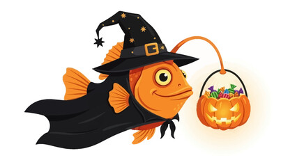 Spooky Fish's Halloween: A whimsical and charming illustration of an orange fish dressed up in a Halloween witch costume, holding a jack-o'-lantern candy bucket.