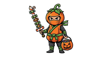 Halloween Pumpkin Ninja: A playful and festive illustration depicts a ninja dressed as a pumpkin, ready for Halloween trick-or-treating with candy-sword.
