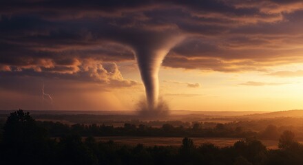 Dramatic tornado forming under fiery sunset sky over rural landscape