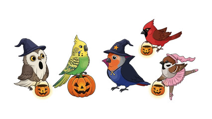 Halloween Avian Assemblage: A gathering of charming cartoon birds, adorned in whimsical Halloween costumes. The image evokes a sense of playful spooky delight, perfect for seasonal celebrations. 