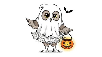 Halloween Owl: A whimsical Halloween illustration features an adorable owl in a ghost costume, carrying a glowing pumpkin, embodies the spirit of spooky season.