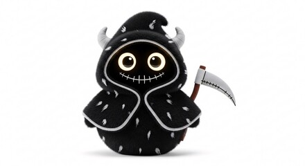Adorable Grim Reaper Plush Toy with Horns and Scythe Cute Halloween Character. Halloween Decoration Theme