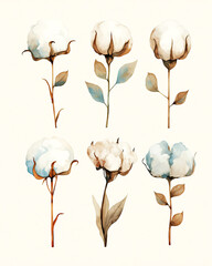 Watercolor illustration of six cotton flowers with delicate petals and leaves, showcasing natural beauty and elegance in a soft, artistic style, perfect for design projects