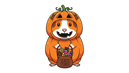 Hamster's Halloween Delight: Adorable hamster in a pumpkin costume holds a treat bag filled with goodies, bringing a dose of spooky charm and joy.