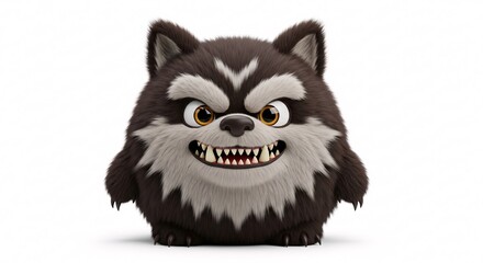Angry fluffy dark cartoon wolf creature with sharp teeth and glowing eyes on white background. Halloween Decoration Theme
