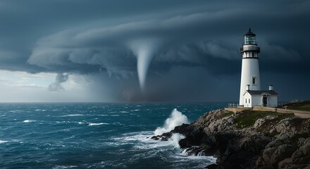 Lighthouse on rocky coast under stormy sky with a waterspout