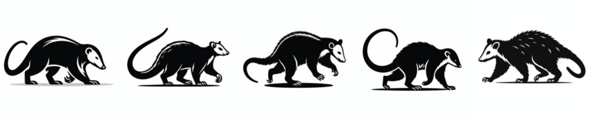 vector black and white silhouette of an opossum