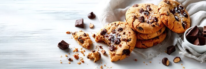 Chocolate chip cookies with sea salt on white wood