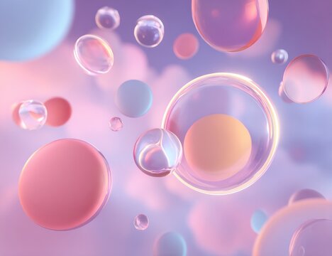 Abstract 3D render of colorful floating spheres and bubbles against a soft, dreamy background.