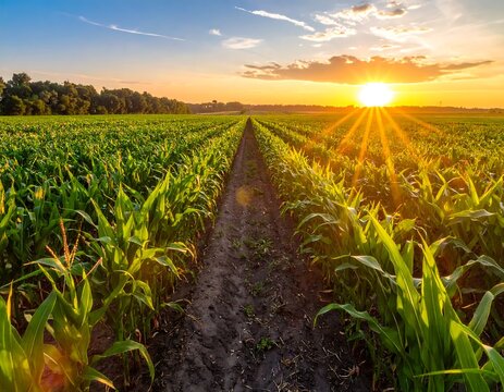 Golden Sunset Over Cornfield Pathway. - Powered by Adobe
