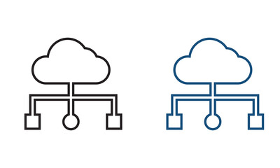 Black and blue cloud computing icons. Vector illustration of black and blue cloud shapes with circuit lines beneath, representing cloud computing, digital storage, and technology.

