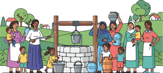 Diverse women and children gather water from a village well illustration
