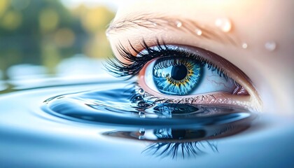 Realistic Eye with Tear Falling into Reflection of Calm Water