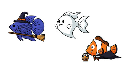 Halloween Fish: A trio of aquatic creatures dressed in festive Halloween costumes, including a witch, a ghost, and a trick-or-treater, brings the spirit of the holiday to life through imaginative art.