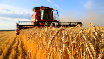 Obraz premium Combine Harvester in a Field: Wheat Harvest at Sunset