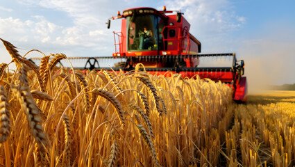 Combine Harvester in a Field: Wheat Harvest at Sunset