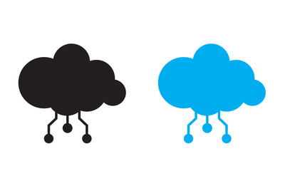 Black and blue cloud computing icons. Vector illustration of black and blue cloud shapes with circuit lines beneath, representing cloud computing, digital storage, and technology.

