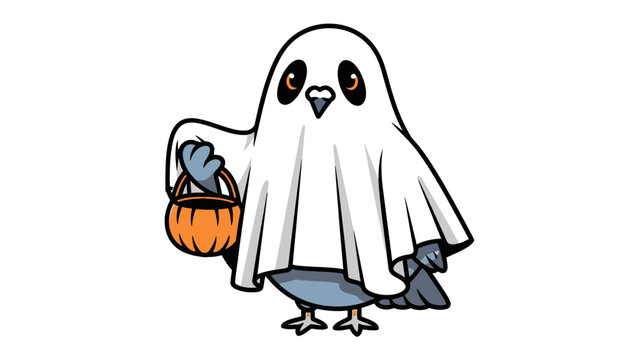 Spooky Bird: A charming cartoon illustration of a Halloween-themed pigeon, adorned in a playful ghost costume, ready for trick-or-treating.