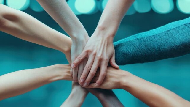 Diverse Hands Coming Together in Unity for Teamwork and Collaboration in a Soft-Focus Background 4k video footage