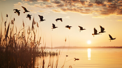 Geese Flying Over a Beautiful Sunset: V-Formation Flock Gliding Through Golden, Orange & Pink Sky Hues, Casting Silhouettes Against Warm Dusk Light for a Serene Natural Landscape