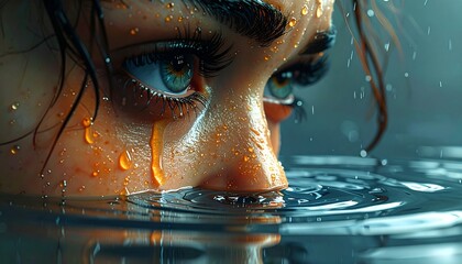Realistic Tear Running Down Cheek Merging into Pool of Reflection Water