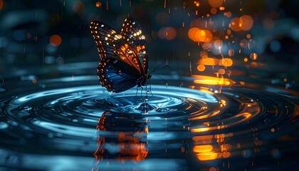 Surreal Glowing Butterfly Wing Dissolving into Tear Creating Ripple Circles