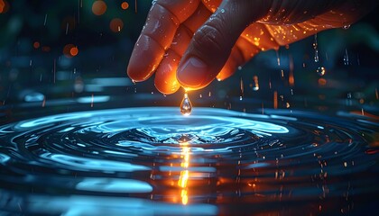 Dreamy Glowing Hand Holding Tear Above Water Creating Luminous Ripple