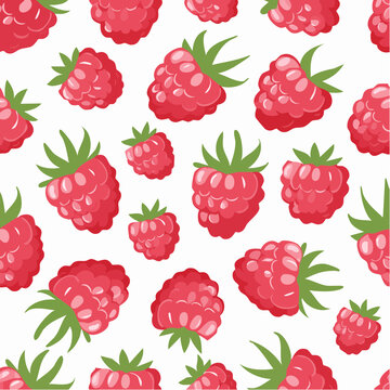 Seamless raspberry fruit pattern with bright pink berries and green leaves. Perfect for food packaging, fabric, wallpaper, or summer design projects.