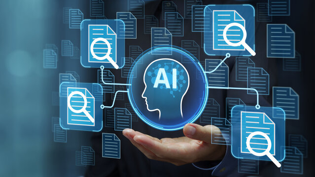 AI-powered document search. Semantic search for enterprise internal knowledge. Businessperson holding artificial intelligence icon.