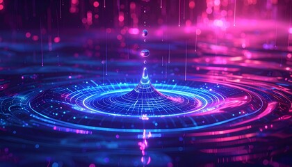 Futuristic Neon Tear Drop Creating Holographic Ripples on Digital Water