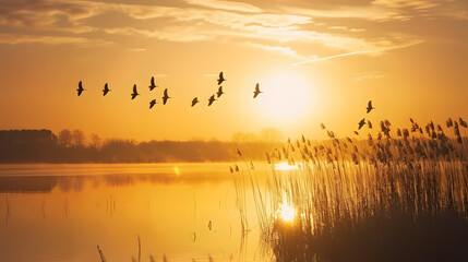 Geese Flying Over a Beautiful Sunset: V-Formation Flock Gliding Through Golden, Orange & Pink Sky Hues, Casting Silhouettes Against Warm Dusk Light for a Serene Natural Landscape