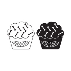spooky halloween cupcakes with bone toppings and toothy grins – black and white vector icon for creepy desserts.