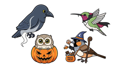 Whimsical Halloween Bird Collection: Four charming cartoon birds, a crow, a hummingbird, an owl, and a Halloween-themed bird, creating a delightful and festive composition for the spooky season.