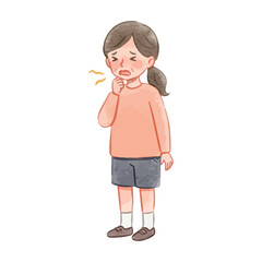 Watercolor illustration of a girl coughing into her hand showing sickness, flu, or respiratory discomfort