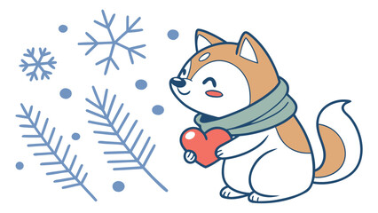 Whimsical Shiba inu feeling Bashful in a Winter setting with holding a heart – colored in Winter Wonderland