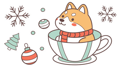 Relaxed expression on a Shiba inu in a Winter theme, with sitting in a teacup ride – Winter Wonderland vector art