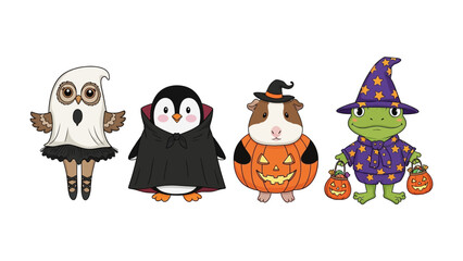 Halloween Costume Party: Adorable collection of animals in delightful costumes, embracing the festive spirit of Halloween. The charming owl, penguin, guinea pig.