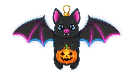 Halloween Bat with Pumpkin: A charming cartoon bat, with vibrant pink and blue accents on its wings and ears, clutches a carved jack-o'-lantern.