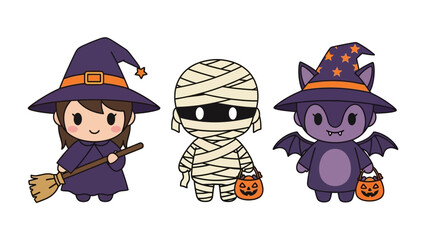 Cute Halloween Trio: A charming illustration of a witch, a mummy, and a bat, each holding a pumpkin, captures the essence of Halloween in a playful and delightful style.